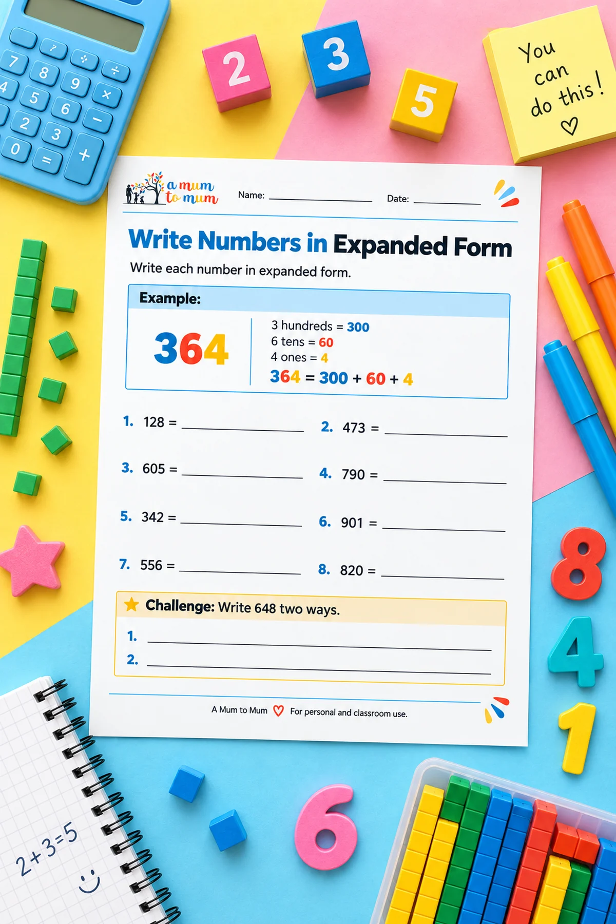 Expanded form worksheet using three-digit numbers.